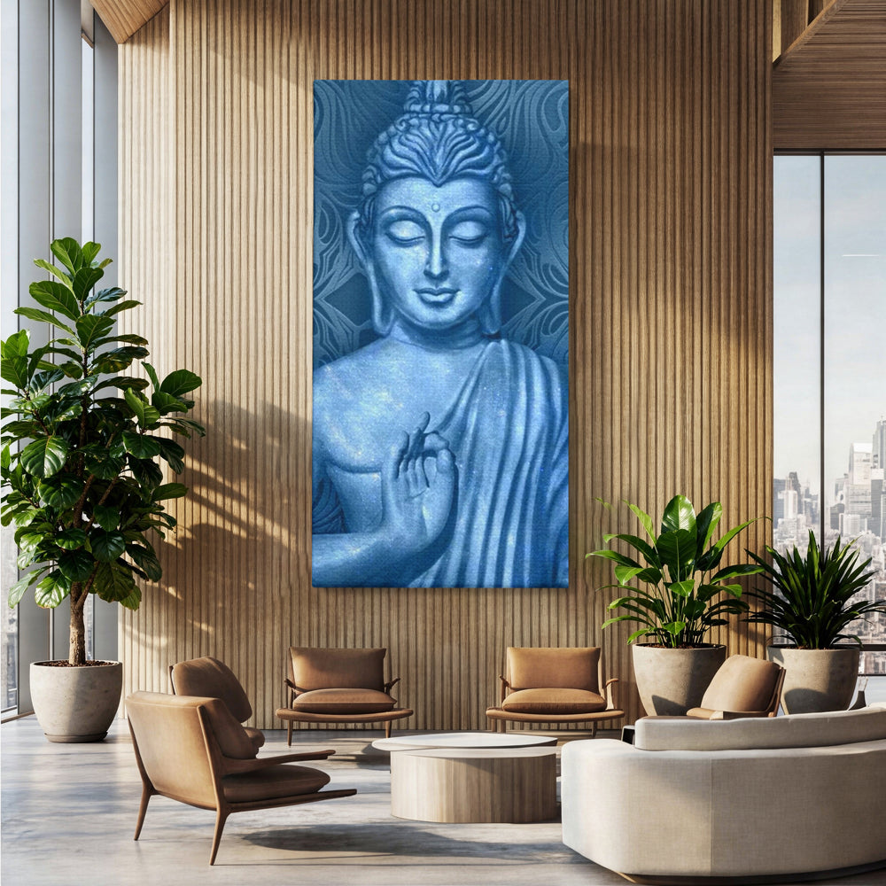 Tablou canvas cu tablou canvas cu buddha albastru, fara rama, pe sasiu de lemn, pe perete intr-un birou